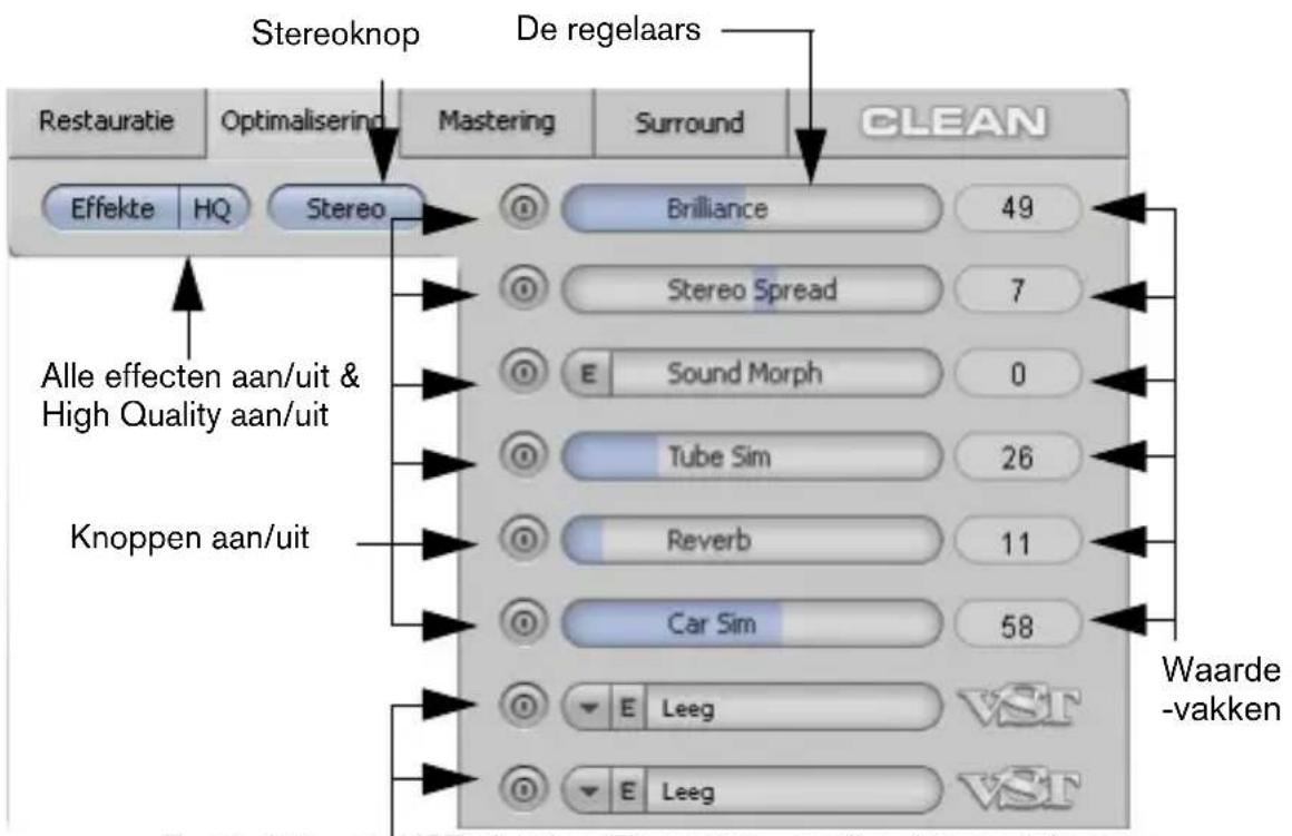 Stereoknop De regelaars Restauratie Optimalisering Mastering Surround CLEAN Effekte HQ Stereo Brilliance 49 Stereo Spread 7 E Sound Morph 0 Tube Sim 26 Reverb 11 Car Sim 58 E Leeg E Leeg Alle effecten aan/uit & High Quality aan/uit Knoppen aan/uit Waarde- -vakken