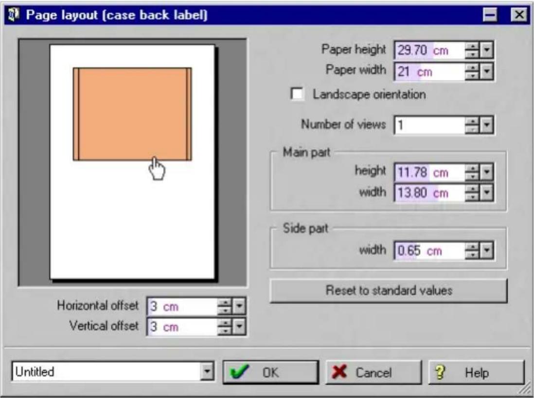 Page layout (case back label) Paper height 29.70 cm Paper width 21 cm Landscape orientation Number of views 1 Main part height 11.78 cm width 13.80 cm Side part width 0.65 cm Reset to standard values Horizontal offset 3 cm Vertical offset 3 cm Untitled OK Cancel Help