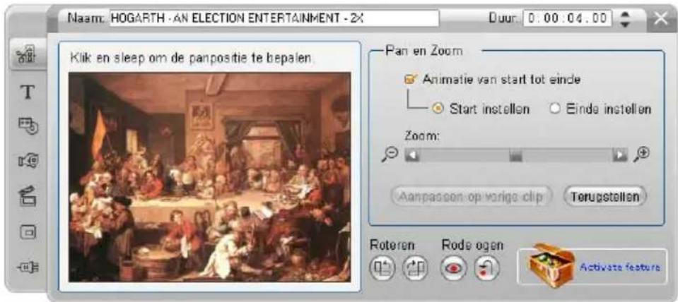 Naam: HOGARTH - AN ELECTION ENTERTAINMENT - 2X Duur: 0.00.04.00 Klik en sleep om de panpostie te bepalen. Pan en Zoom Animatie van start tot einde Start instellen Einde instellen Zoom: Aanpassen op vorige clip Terugstellen Roteren Rode ogen Activate feature