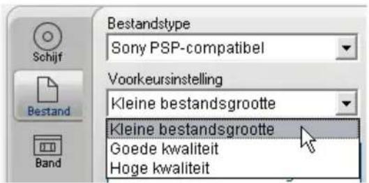 Bestandstype Sony PSP-compatibel Voorkeursinstelling Kleine bestandsgrootte Kleine bestandsgrootte Goede kwaliteit Hoge kwaliteit