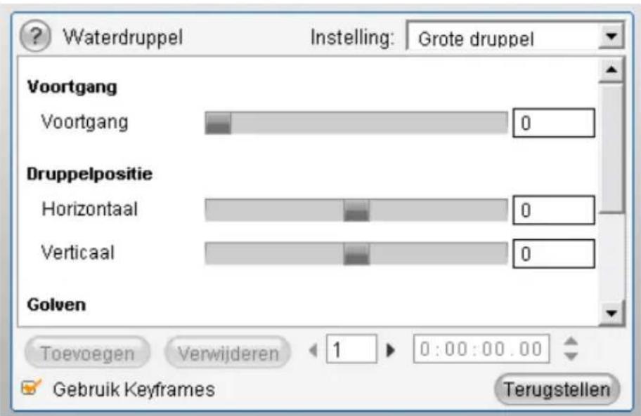 Waterdruppel Instelling: Grote druppel Voortgang Voortgang 0 Druppelpositie Horizontaal 0 Verticaal 0 Golven Toevoegen Verwijderen 1 0:00:00.00 Gebruik Keyframes Terugstellen