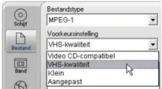Bestandstype MPEG-1 Voorkeursinstelling VHS-kwaliteit Video CD-compatibel VHS-kwaliteit Klein Aangepast