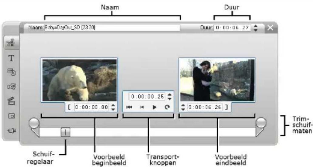 Naam Duur Naam: BabyeDayOut_SD [23.20] Duur: 0:00:06.27 Schuif- regelaar Voorbeeld beginbeeld Transport- knoppen Voorbeeld eindbeeld Trim- schuif- maten