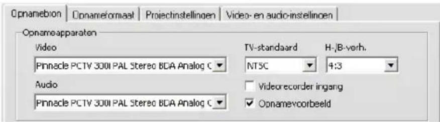 Opnamebion | Opnameformaal | Projectinstellingen | Video- en audio-instellingen | Opnameapparaten Video Pinnacle PCTV 300I PAL Stereo BDA Analog C ▼ Audio Pinnacle PCTV 300I PAL Stereo BDA Analog C ▼ TV-standaard H-/B-verh. NT5C 4:3 □ Videorecorder ingang ✓ Opnamevorbeeld