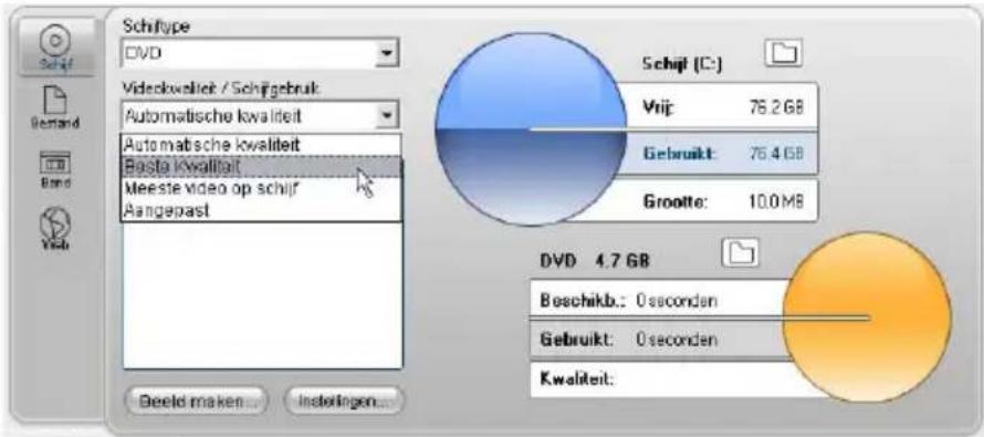 Schijf Videokwaliteit / Schijfgebruik Automatische kwaliteit Automatische kwaliteit Baste kwaliteit Meeste video op schijf Aangepast Schijf (C:) Vrij: 76.2 GB Gebruikt: 76.4 GB Grootte: 10.0 MB DVD 4.7 GB Beschikb.: 0 seconden Gebruikt: 0 seconden Kwaliteit: