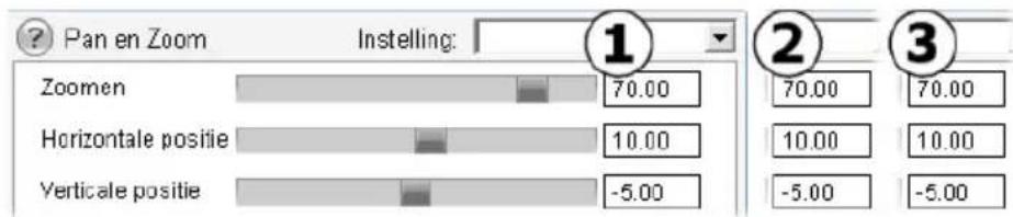 Pan en Zoom Instelling: Zoomen 70.00 Horizontale positie 10.00 Verticale positie -5.00 70.00 10.00 -5.00 70.00 10.00 -5.00