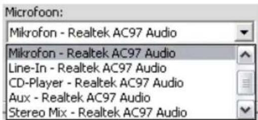 Microfoon: Mikrofon - Realtek AC97 Audio Mikrofon - Realtek AC97 Audio Line-In - Realtek AC97 Audio CD-Player - Realtek AC97 Audio Aux - Realtek AC97 Audio Stereo Mix - Realtek AC97 Audio