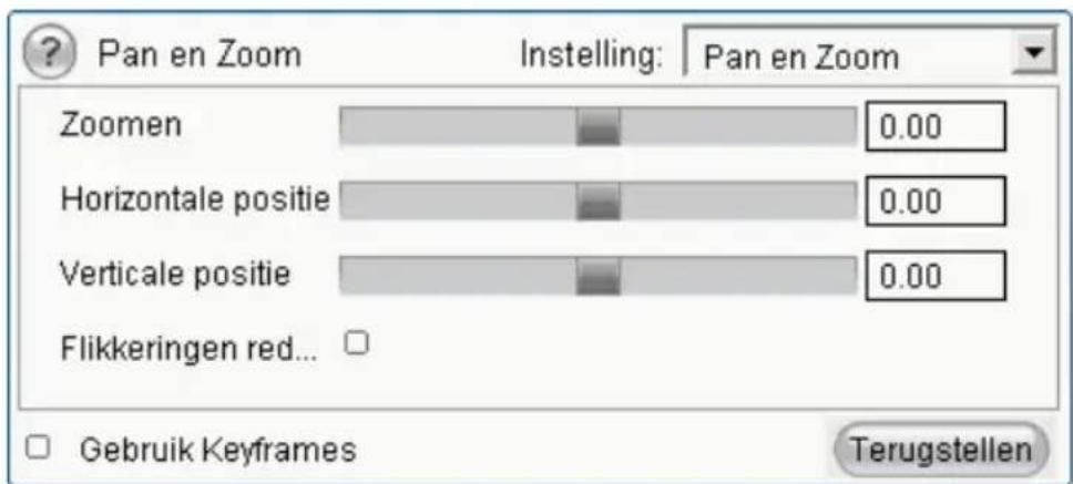 Pan en Zoom Instelling: Pan en Zoom Zoomen 0.00 Horizontale positie 0.00 Verticale positie 0.00 Flikkeringen red... Gebruik Keyframes Terugstellen