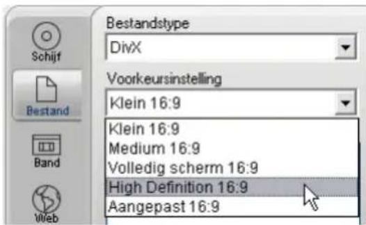 Bestandstype DivX Voorkeursinstelling Klein 16:9 Klein 16:9 Medium 16:9 Volledig scherm 16:9 High Definition 16:9 Aangepast 16:9