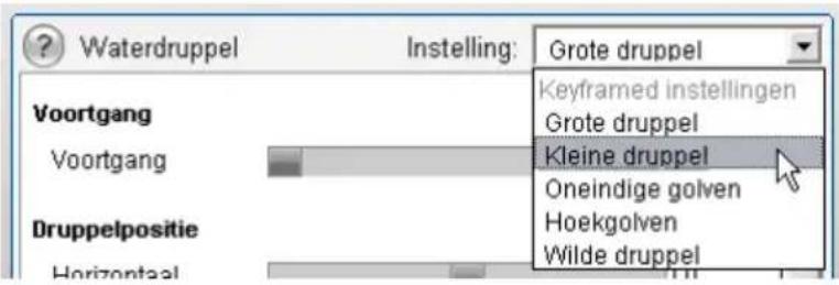 Waterdruppel Instelling: Grote druppel Voortgang Keyframed instellingen Grote druppel Voortgang Kleine druppel Oneindige golven Hoekgolven Wilde druppel Druppelpositie Horizontaal