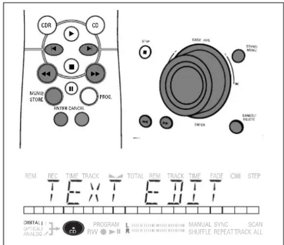 CDR CD MANUAL STORE ENTER CANCEL FFOC. STEP EASY AUG STORMI MENU M ENTER CANCEL/DELETE REM REC TIME TRACK TOTAL REM TRACK TIME FADE OWN STEP TEXT EDIT DIGITAL OPTICAL ANALOG PROGRAM RW ▶ II L R MANUAL SYNC SCAN SHUFFLE REPEAT TRACK ALL