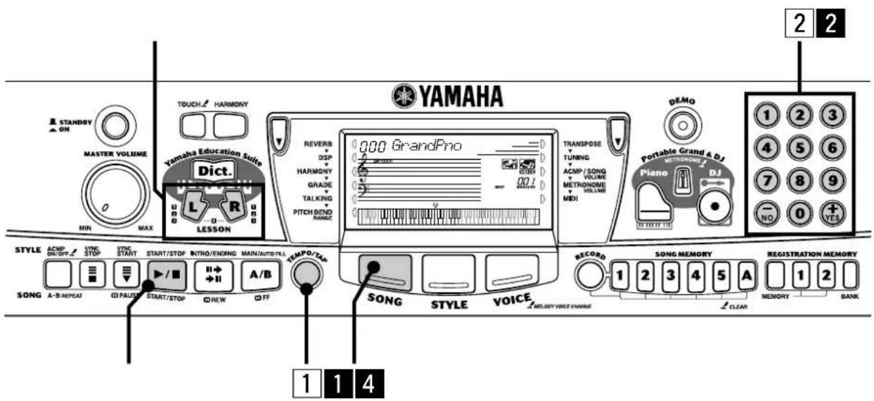 YAMAHA STANDBY ON MASTER VOLUME Yamaha Education Suite Dict. LESSON REVERB DSP HARMONY GRADE TALKING PITCH BEND RANGS 000 GrandPro TRANPOSE TUNING ACMP/SONG VOLUME METRONOME VOLUME MIDI DEMO Portable Grand & DJ Piano DJ 1 2 3 4 5 6 7 8 9 NO 0 YES STYLE A:MP STOP SYNC START START/STOP INTRO/ENDING MAIN/AUTO/FILL SONG A-B REPEAT PAUSE START/STOP REW FF 1 1 4 SONG STYLE VOICE RECORD SONG MEMORY REGISTRATION MEMORY 1 2 3 4 5 A MEMORY BANK MELODY VOICE CHANGE CLEAR