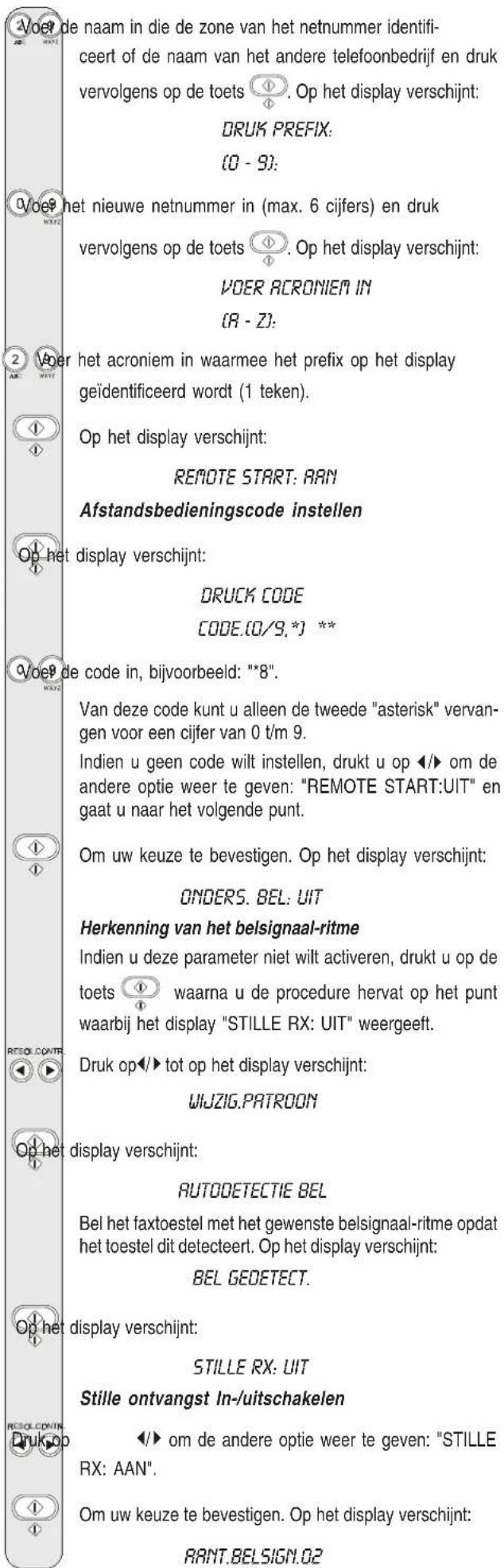 De naam in die de zone van het netnummer identificeert of de naam van het andere telefoonbedrijf en druk vervolgens op de toets. Op het display verschijnt: DRUK PREFIX: (0 - 9): Voor het nieuwe netnummer in (max. 6 cijfers) en druk vervolgens op de toets. Op het display verschijnt: VOER ACRONIEM IN (8 - 2): Voor het acroniem in waarmee het prefix op het display geïdentificeerd wordt (1 teken). Op het display verschijnt: REMOTE START: AAN Afstandsbedieningscode instellen Op het display verschijnt: DRUCK CODE CODE.[0/9, *] ** Voor de code in, bijvoorbeeld: "*8". Van deze code kunt u alleen de tweede "asterisk" vervangen voor een cijfer van 0 t/m 9. Indien u geen code wilt instellen, drukt u op ◀/► om de andere optie weer te geven: "REMOTE START:UIT" en gaat u naar het volgende punt. Om uw keuze te bevestigen. Op het display verschijnt: ONDERS. BEL: UIT Herkenning van het belsignaal-ritme Indien u deze parameter niet wilt activeren, drukt u op de toets waarna u de procedure hervat op het punt waarbij het display "STILLE RX: UIT" weergeeft. Druk op/► tot op het display verschijnt: WIJZIG.PATROON Op het display verschijnt: AUTODETECTIE BEL Bel het faxtoestel met het gewenste belsignaal-ritme opdat het toestel dit detecteert. Op het display verschijnt: BEL GEDETECT. Op het display verschijnt: STILLE RX: UIT Stille ontvangst In-/uitschakelen Druk op ◀/► om de andere optie weer te geven: "STILLE RX: AAN". Om uw keuze te bevestigen. Op het display verschijnt: RANT.BELSIGN.02