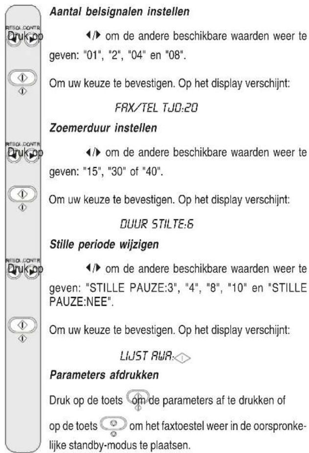 Aantal belsignalen instellen ✓/✓ om de andere beschikbare waarden weer te geven: "01", "2", "04" en "08". Om uw keuze te bevestigen. Op het display verschijnt: FRX/TEL TUJQ:20 Zoemerduur instellen ✓/✓ om de andere beschikbare waarden weer te geven: "15", "30" of "40". Om uw keuze te bevestigen. Op het display verschijnt: DUUR STILTE:6 Stille periode wijzigen ✓/✓ om de andere beschikbare waarden weer te geven: "STILLE PAUZE:3", "4", "8", "10" en "STILLE PAUZE:NEE". Om uw keuze te bevestigen. Op het display verschijnt: LIUST AUR: Parameters afdrukken Druk op de toets om de parameters af te drukken of op de toets om het faxtoestel weer in de oorspronke- lijke standby-modus te plaatsen.