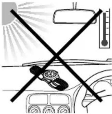 Diagram showing car safety symbols including a cross over a vehicle, thermometer, and car with a magnifying glass above the window.