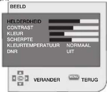 BEELD HELDERDHEID CONTRAST KLEUR SCHERPTE KLEURTEMPERATUUR NORMAAL DNR UIT VERANDER MENU TERUG