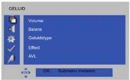 GELUID Volume Balans Geluidstype Effect AVL OK: Submenu invoeren