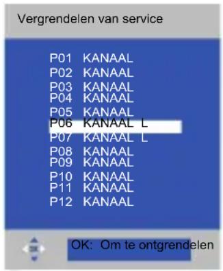 Vergrendelen van service P01 KANAAL P02 KANAAL P03 KANAAL P04 KANAAL P05 KANAAL P06 KANAAL L P07 KANAAL L P08 KANAAL P09 KANAAL P10 KANAAL P11 KANAAL P12 KANAAL OK: Om te ontgrendelen