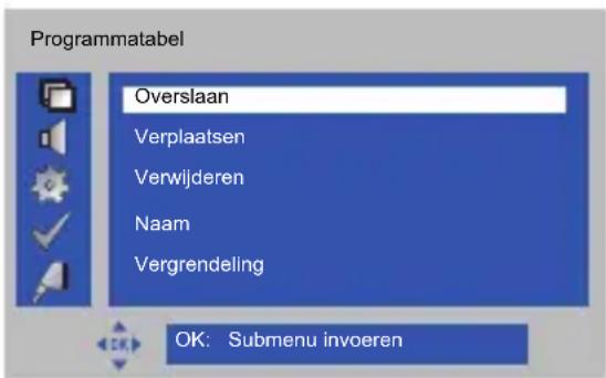 Programmatabel Overslaan Verplaatsen Verwijderen Naam Vergrendeling OK: Submenu invoeren