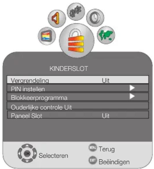 KINDERSLOT Vergrendeling Uit PIN instellen Blokkeerprogramma Ouderlijke controle Uit Paneel Slot Uit Selecteren Terug EXIT Beëindigen