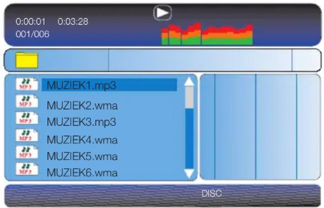 0:00:01 0:03:28 001/006 MUZIEK1.mp3 MUZIEK2.wma MUZIEK3.mp3 MUZIEK4.wma MUZIEK5.wma MUZIEK6.wma DISC