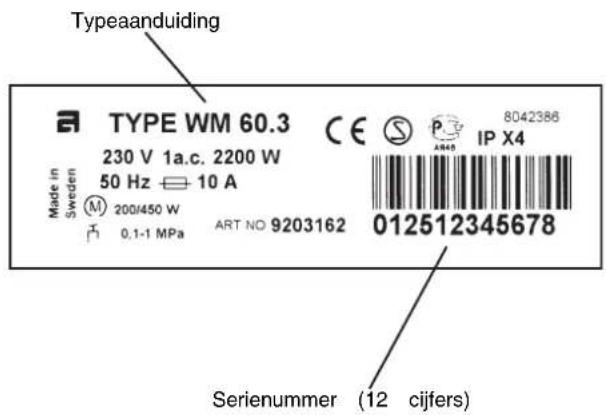 Typeaanduiding TYPE WM 60.3 CE S P IP X4 230 V 1a.c. 2200 W 50 Hz 10 A Made in Sweden M 200/450 W 0,1-1 MPa ART NO 9203162 012512345678 Serienummer (12 cijfers)