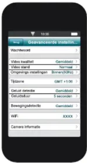Geavanceerde instellin... Wachtword Video kwaliteit Gemiddeld > Video stand Normaat > Omgevings installingen Binnen(50Hz) > Tijdzone GMT +1:00 > Geluid detectie Gemiddeld > Geluktsduur 5 seconden > Bewogingsdetectie Gemiddeld > WiFi XXXX > Camera informade >