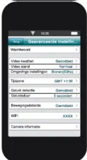 Geavanceerde instellin... Wachwocred Video kwaliteit Gemiddeld Video stand Normal Omgevings instellingen Buen(50Hz) Tijzone GMT +1:00 Geluid detectie Gemiddeld Geluktsduur 5 seconden Bewegingsdetectie Gemiddeld WiFi XXXX Camera informatie