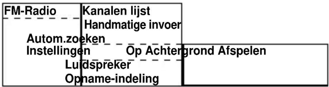FM-Radio Kanalen lijst Handmatige invoer Autom.zoeken Instellingen Op Achtergrond Afspelen Luidspreker Opname-indeling
