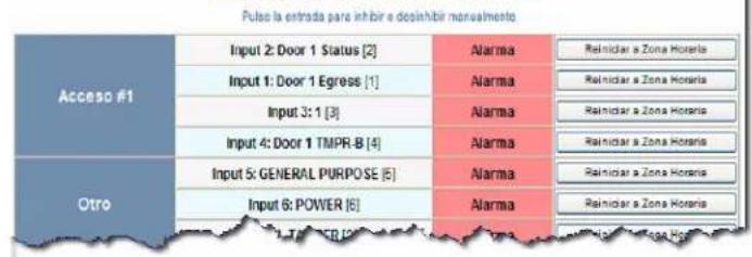 Pulso la entrada para inhibir e desinhibir manualismo Acceso #1 Input 2: Door 1 Status [2] Input 1: Door 1 Egress [1] Input 3: 1 [3] Input 4: Door 1 TMPR-B [4] Otro Input 5: GENERAL PURPOSE [5] Input 6: POWER [6] Alarma Alarma Alarma Alarma Reiniciar a Zona Horaria Reiniciar a Zona Horaria Reiniciar a Zona Horaria Reiniciar a Zona Horaria Reiniciar a Zona Horaria Reiniciar a Zona Horaria