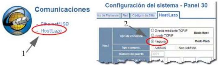 Comunicaciones - Ethernet/USB - HostLazo 1 2 Configuración del sistema - Panel 30 Host Tipo de corrosion Directa mediante TCP/IP Mode Host Tipo comunic. Aod#UK Non Aod#UK nirquena Modo Web Número de puerto 0001 Direc HostLazo