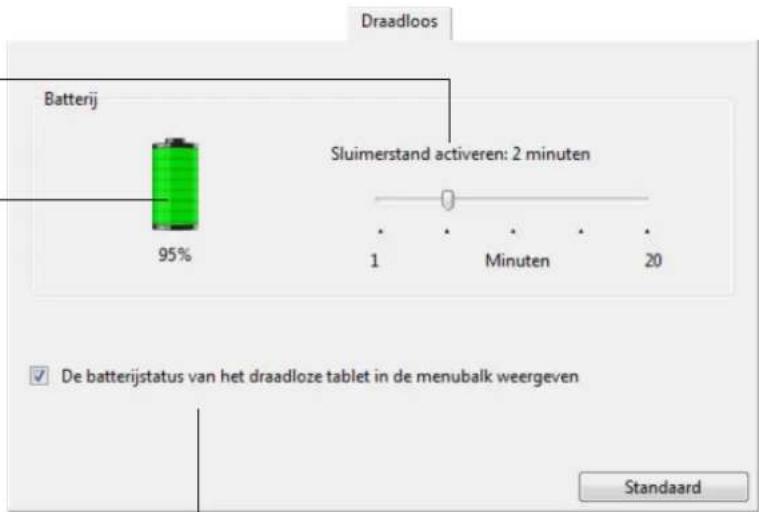| Metric | Value | |--------|-------| | Battery | 95% | | Sluimerstand activeren: 2 minuten | 2 | | Time (Min) | 1 | | Time (20) | 20 | De batterijstatus van het draadloze tablet in de menubalk weergeven Standaard