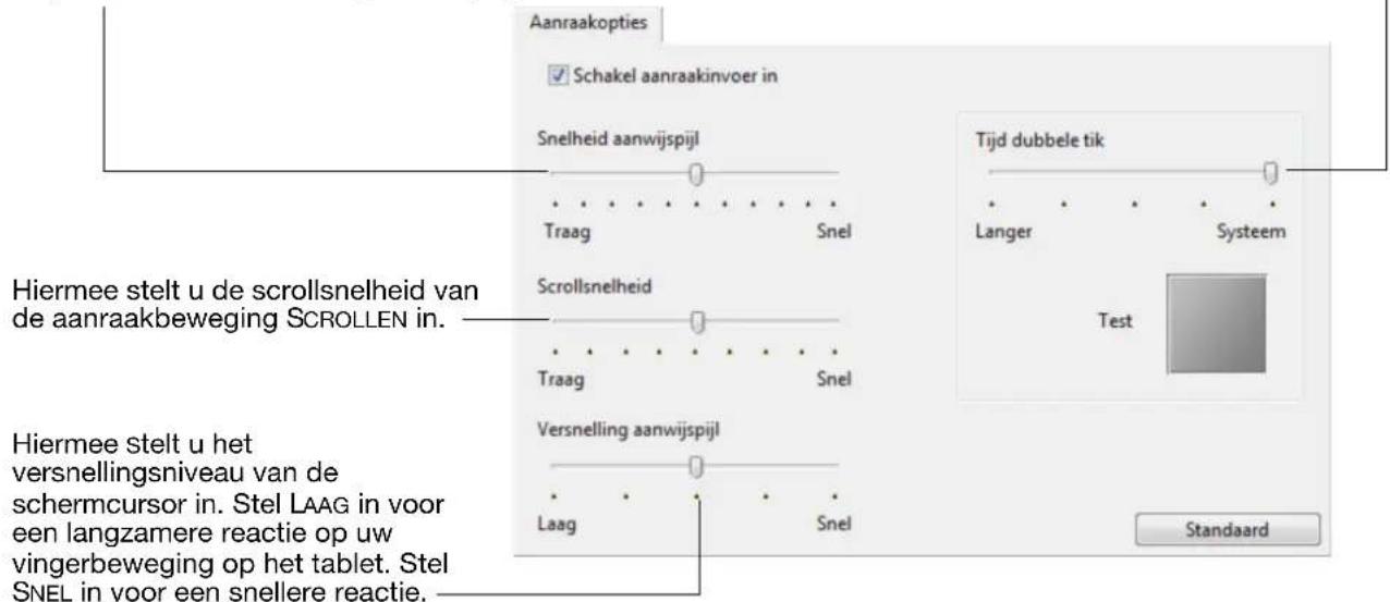 Aanraakopties ✓ Schakel aanraakinvoer in Snelheid aanwijspijl Traag Snel Scrollsnelheid Traag Snel Versnelling aanwijspijl Laag Snel Tijd dubbele tik Langer Systeem Test Hiermee stelt u de scrollsnelheid van de aanraakbeweging SCROLLEN in. Hiermee stelt u het versnellingsniveau van de schermcursor i…