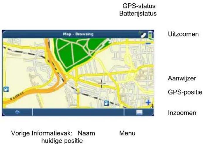 GPS-status Batterijstatus Map - Browsing Uitzoomen Aanwijzer GPS-positie Inzoomen Vorige Informatievak: Naam huidige positie Menu