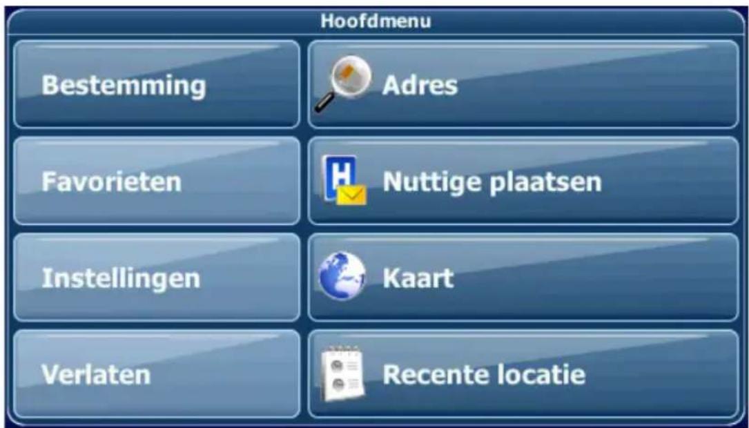 Hoofdmenu Bestemming Adres Favorieten Nuttige plaatsen Instellingen Kaart Verlaten Recente locatie