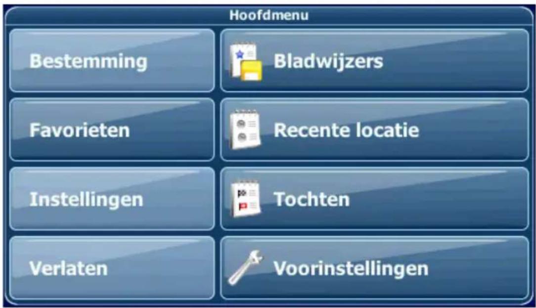 Hoofdmenu Bestemming Bladwijzers Favorieten Recente locatie Instellingen Tochten Verlaten Voorinstellingen