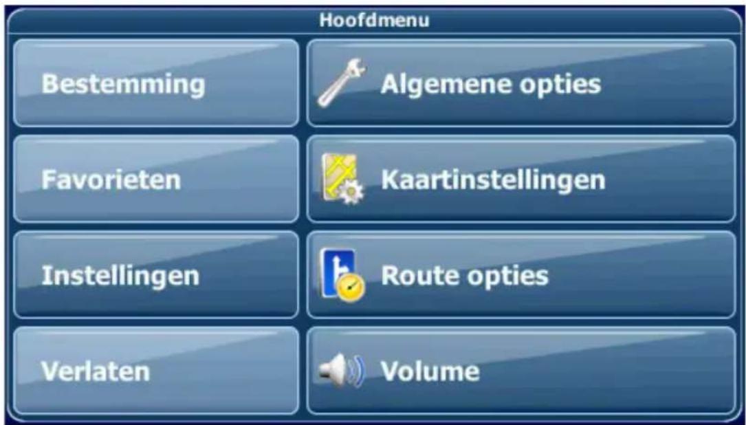 Hoofdmenu Bestemming Algemene opties Favorieten Kaartinstellingen Instellingen Route opties Verlaten Volume
