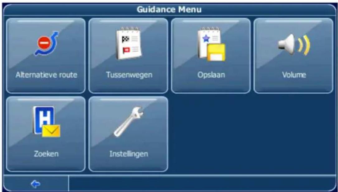 Guidance Menu Alternatieve route Tussenwegen Opslaan Volume Zoeken Instellingen