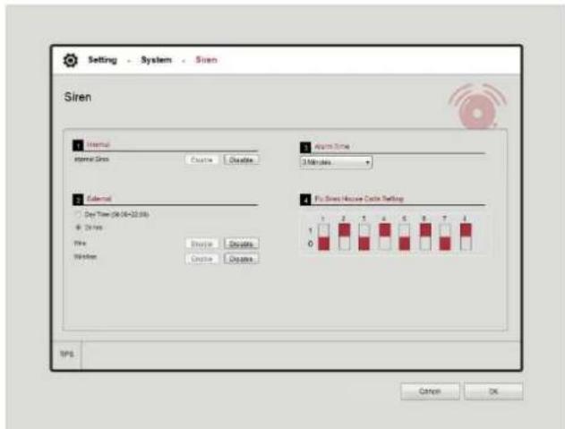 Setting - System - Siren Siren Internal Internal Size External External Day Time (06:08-12:09) Time Window External External External 1. Alarm Time 3 Minutes 4. Fix Sheet House Cable Setting 1 2 3 4 5 6 7 8 9 10 0 SPS Cancel OK