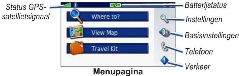 Status GPS- satellietsignaal Where to? View Map Travel Kit Batterijstatus Instellingen Basisinstellingen Telefoon Verkeer Menupagina