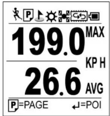 199.0 MAX 26.6 KP H AVG P=PAGE ←=POI