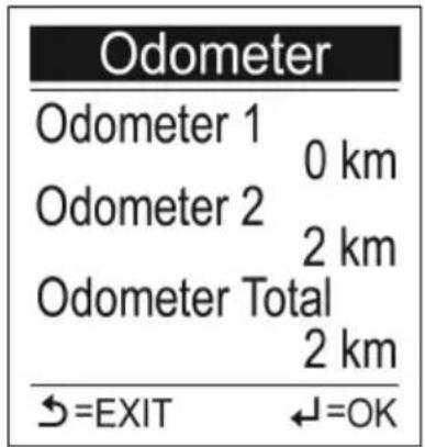 Odometer Odometer 1 0 km Odometer 2 2 km Odometer Total 2 km →=EXIT ←=OK