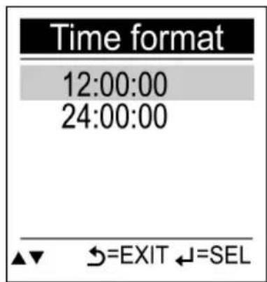 Time format 12:00:00 24:00:00 ▲▼ ↔=EXIT ↔=SEL