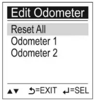 Edit Odometer Reset All Odometer 1 Odometer 2 ▲▼ ←=EXIT ←=SEL