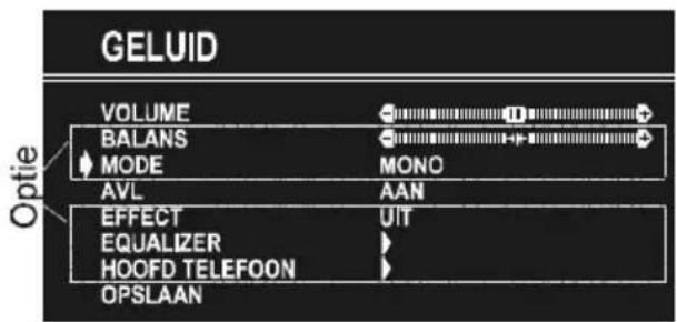 GELUID VOLUME BALANS MODE AVL AAN EFFECT EQUALIZER HOOFD TELEFOON OPSILAAN Optie