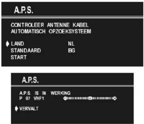A.P.S. CONTROLEER ANTENNE KABEL AUTOMATISCH OPZOEKSYSTEEM LAND NL STANDAARD BG START A.P.S. A.P.S. IS IN WERKING P 07 VHF1 VERVALT