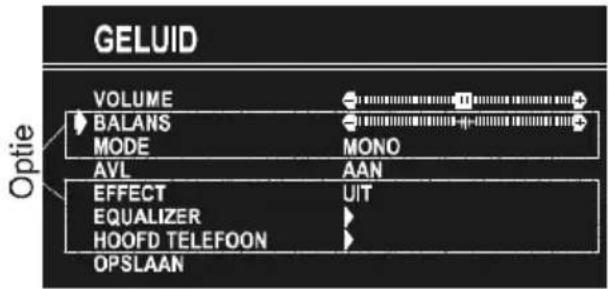 GELUID VOLUME BALANS MODE AVL AAN EFFECT EQUALIZER HOOFD TELEFOON OPSILAAN Optie