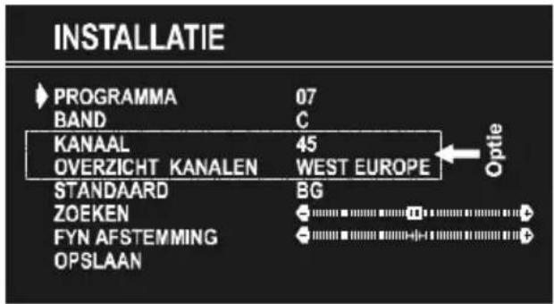 INSTALLATIE PROGRAMMA 07 BAND C KANAAL 45 OVERZICHT KANALEN WEST EUROPE Optie STANDAARD BG ZOEKEN FYN AFSTEMMING OPSLAAN