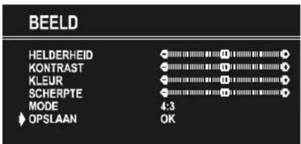 BEELD HELDERHEID KONTRAST KLEUR SCHERPTE MODE 4:3 OPSLAAN OK