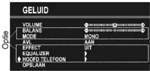 GELUID VOLUME BALANS MODE MO NO AVL AAN EFFECT UIT EQUALIZER HOOFD TELEFOON OPSLAAN Optie